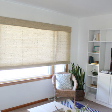 Modern Rustic Cottage Living Room Gets Updated With Woven Wood Shades