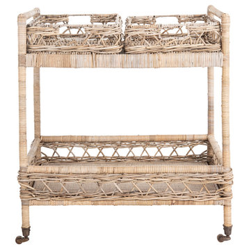 Safavieh Ambrose 2 Tier Rattan Bar Cart, Gray Wash/Antique Brass