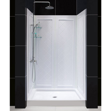 32" D x 48" W x 76.75" H Center Drain Shower Base and QWALL-5 Backwall, White