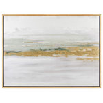 Elk Home - Yates Bay Wall Art - Yates Bay Framed Wall Art is a an abstract painting featuring soft watery swirls of green and grey, which converge in the center like a land mass in a body of water. Textured gold paint adds a luxe note. This piece comes ready to hang with a thin gold painted frame.
