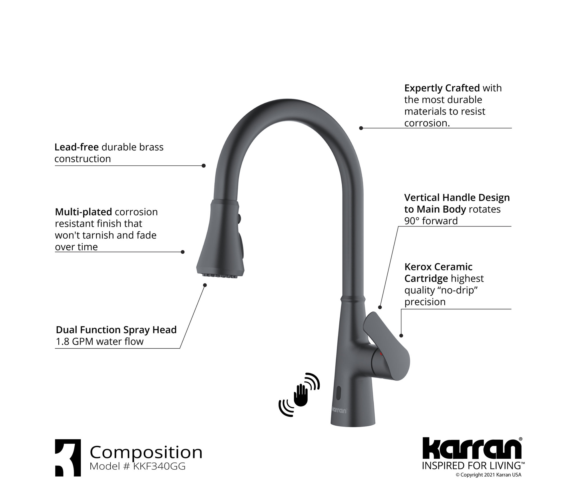Karran Touchless One-Handle Triple Function Sprayer Faucet, Gunmetal Grey