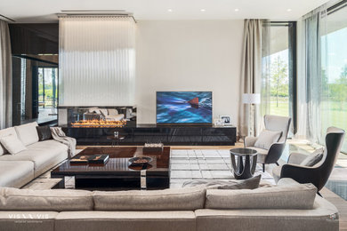 Living room - large contemporary beige floor living room idea in New York with beige walls, a ribbon fireplace and a tv stand