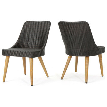GDF Studio Desmond Outdoor Wicker Dining Chairs With Wood Metal Legs, Set of 2