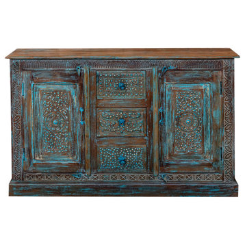 Consigned Distressed Blue Cabinet, Sideboard, Carved Floral Buffet With drawer