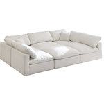 Meridian Furniture - Plush Velvet / Down Standard Comfort 6-Piece U-Shaped Modular Sectional, Cream - No matter how big or little the size of your gang, they can all find their sweet spot when you choose pieces from the Plush collection to build your ideal seating group. Choose this six-piece set or pair multiple pieces together to get the custom look everyone will love. The soft cream velvet material is soft and welcoming to the touch, and the set's cushions are overstuffed with a down and feather blend to provide ample support for tired bodies.