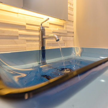 White Transitional Bathroom with Blue Accents