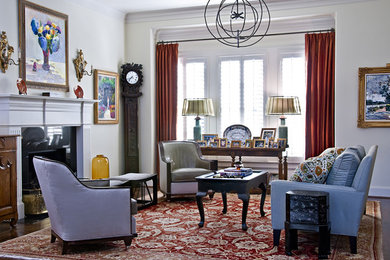 Living room - mid-sized traditional formal and enclosed dark wood floor living room idea in Dallas with a standard fireplace, white walls, a tile fireplace and no tv