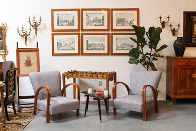 Small 1960s loft-style concrete floor game room photo in San Francisco with white walls, no fireplace and no tv