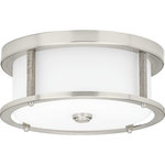 Progress Lighting - Mast Collection 2-Light 13" Flush Mount, Brushed Nickel - Rejuvenate from the rush and flurry of a busy day with the Mast two-light flush mount. The incorporation of faux wood accents and an oversized, Brushed Nickel frame holding etched glass shades creates a natural and organic touch for bathrooms, living rooms, and bedrooms in coastal and modern farmhouse interiors.