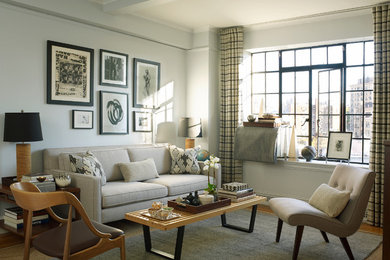 Transitional medium tone wood floor living room photo in New York with white walls