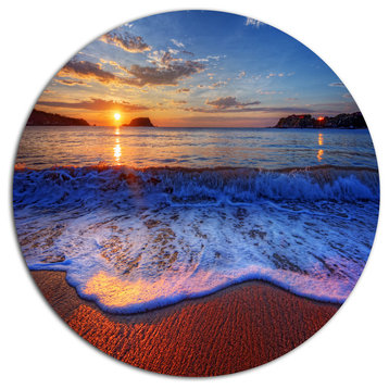 Blue Waves On Sandy Beach, Seashore Art Disc Metal Wall Art, 36"