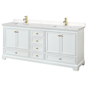 80"DBL Bathroom Vanity White, Carrara Cult. Marble Countertop, Sinks, Gold Trim