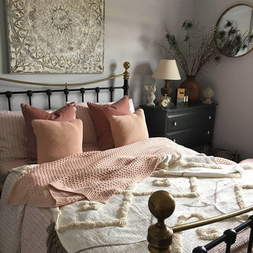 Boho Chic Blush Pink Bedroom with Neutrals, textures, textiles, wicker