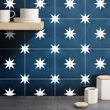 Moroccan Handmade Cement Tiles 8"x8" Navy Blue, White, Encaustic Tile,Set Of 12.