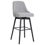 Armen Living - Sicily 26" Swivel Black Wood Counter Stool in Light Gray Fabric, 30 - Update your home with our modern, versatile, and exceptionally comfortable Sicily Upholstered Swivel Bar or Counter Stool. Featuring a softly contoured back and padded seat, our bar stool delivers linger-worthy comfort for your casual meals and cocktail hours. It is perched upon tapered legs with a metal footrest to provide a comfortable seating experience. The counter stool is generously padded to attain a cozy and modern look in any room. It is available in both easy-to-maintain faux leather upholstery or high-performance fabric to best suit the need of your household. The bar stool is expertly crafted from beechwood for easy care, durability, and natural beauty. You can use it anywhere in the house from your kitchen to a home office to accompany a kitchen island, pub table, home bar, or adjustable desk. Our modern bar stool is fitted with a wonderful 360-degree swivel function with a smooth gliding system, allowing you to follow conversations and create a social space at your kitchen island or breakfast counter. The Sicily swivel bar or counter stool easily incorporates into any home and is available in your choice of 26-inch or 30-inch seat height in a walnut wood finish with cream or gray faux leather upholstery or a black brushed wood finish with gray faux leather or light gray fabric upholstery.