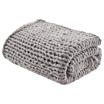Madison Park Chunky Double Knit Handmade Throw Blanket, Blush, Light Grey