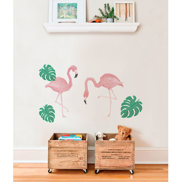 Wild Animals, Tropical Leaves Vinyl Wall Sticker, Flamingo