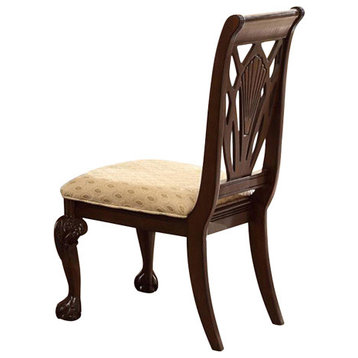 Benzara BM174344 Wooden-Fabric Side Chair With Floral Motifs, Brown, Cream