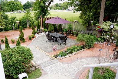 Photo of a mid-sized transitional partial sun backyard brick garden path in Toronto for summer.