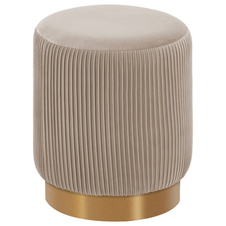 Round Pleated Golden Base Velvet Ottoman, Khaki