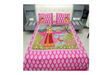 indian traditional pink lady with peacock bed sheet