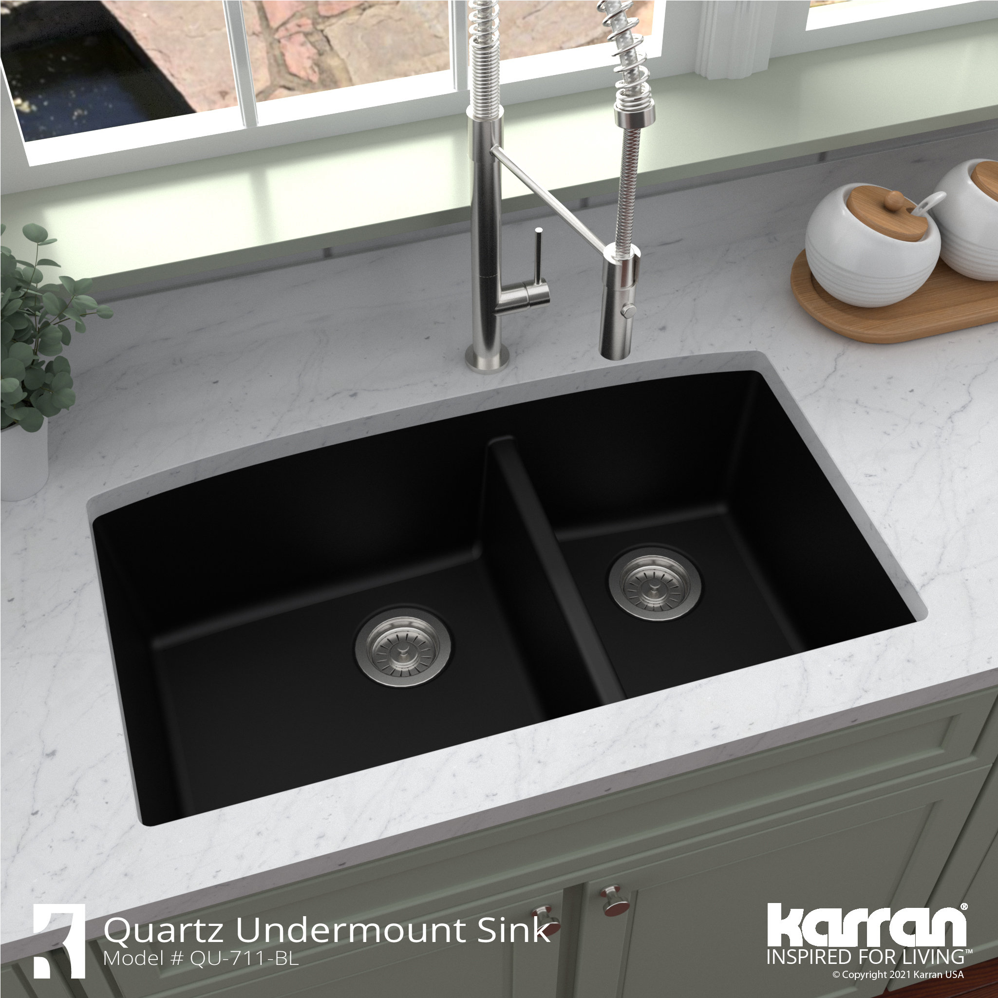 Karran Undermount Quartz 32" 60/40 Double Bowl Kitchen Sink, Black