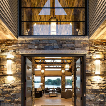 Reclaimed Wood Ceiling Paneling in a Modern Industrial Great Room