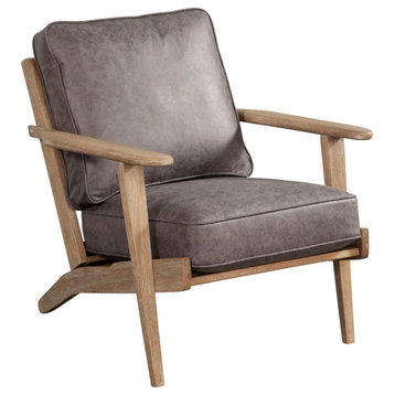 Lounge Chair With Leatherette Seat And Wooden Frame, Gray