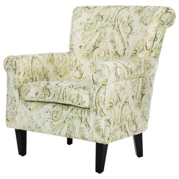 Classic Accent Chair, Black Wooden Legs With Crewel Print Linen Upholstered Seat