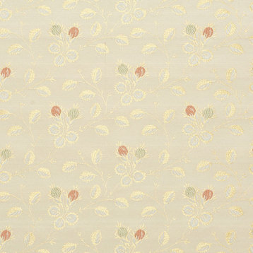 Gold, White, Red And Green, Floral Brocade Upholstery Fabric By The Yard