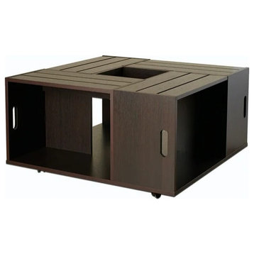 Coffee Table, Square Top With Middle Flip Top Tray and 4 Shelves, Espresso