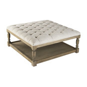Square Tufted Linen Natural Oak Coffee Table Ottoman