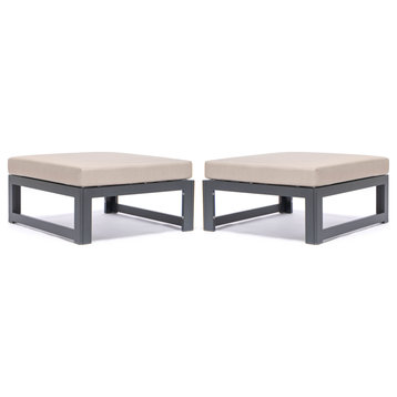LeisureMod Chelsea Outdoor Black Ottomans With Cushions Set of 2, Beige