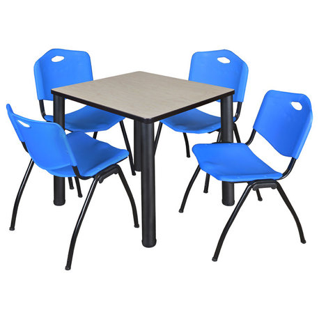 Kee 30" Square Breakroom Table, Maple/Black and 4 'M' Stack Chairs, Blue