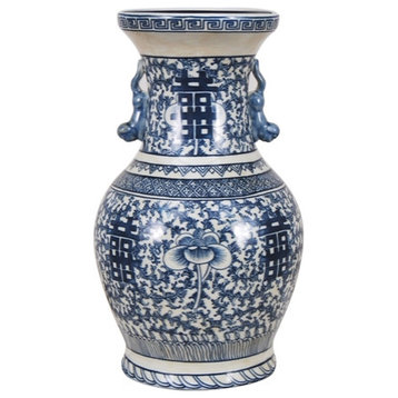 Oriental Blue and White Double Happiness Porcelain Vase 14"