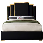 Meridian Furniture - Hugo Velvet Queen Bed, Black - Sleep like a king while adding dramatic flair to your bedroom space in the regal Hugo black velvet queen bed. Sleek black velvet upholstery is supported by a polished gold metal frame, supported on gold metal legs, creating a stunning bed that's truly fit for royalty. The unique gold-framed layered rectangle design of the headboard commands attention of anyone who ventures into your sleeping chamber, and its luxuriously large size ensures you'll slumber like a king.