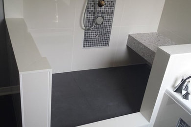 Mid-sized minimalist master white tile and porcelain tile porcelain tile bathroom photo in Toronto