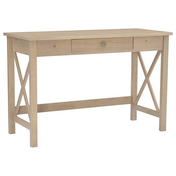 Traditional Desk, Pine Wood Construction With X-Shaped Side and Center Drawer