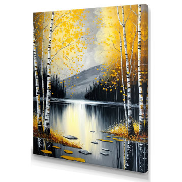 Monochrome Golden Birch Trees By The Lake I Canvas, 30x40, No Frame
