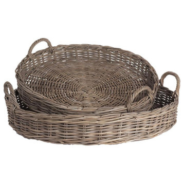 Set of 2 Rattan Cane Round Serving Trays Woven Gray Nesting Ottoman 36in Handles