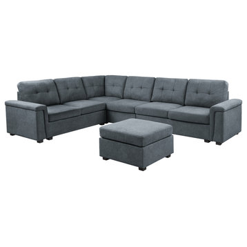 Isla Gray Woven Fabric 7-Seater Sectional Sofa with Ottoman, 81804-4B