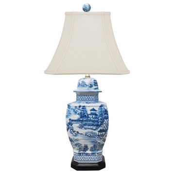 Porcelain Chinoiserie Square Temple Lamp