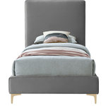 Meridian Furniture - Geri Velvet Upholstered Bed, Gray, Twin - Provide yourself with a few options when you choose the sleek Geri grey velvet twin size bed. The headboard, side rails and footboard are all cushioned and upholstered, with snazzy decorative piping on the headboard and footboard. This bed comes with two different sets of legs so you can match your other decor. Use the gold ones, the chrome ones, or two of each color for a truly contemporary approach.