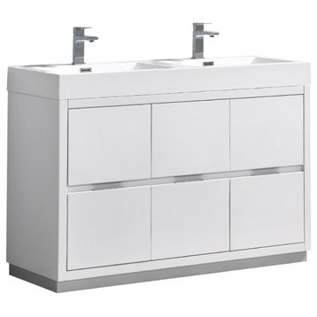 Valencia Free Standing Double Sink Bathroom Vanity, Glossy White, 48"