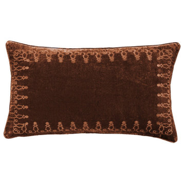 Stella Faux Silk Velvet Embroidered Lumbar Pillow, 14"x24", Copper Brown