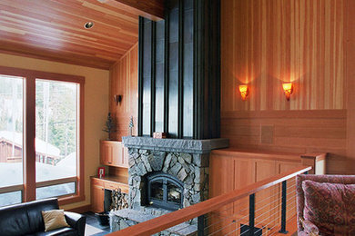 Trendy open concept living room photo in Sacramento with a standard fireplace and a stone fireplace