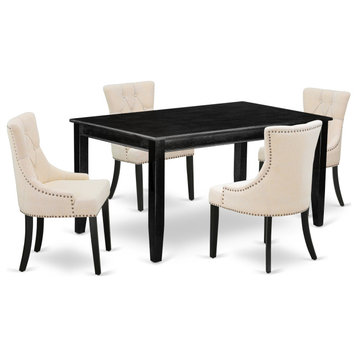 Dufr5-Blk-02, 5-Piece Set, Table and 4-Chairs With Light Beige Fabric, Black