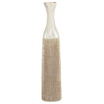 Elk Home - Rollins Vase Large - The Rollins Large Vase has an elongated cylindrical shape which tapers to a fluted mouth opening. The top is painted white, and the body has a cross-hatched, textured finish in natural tan that mimics the look of wrapped burlap.