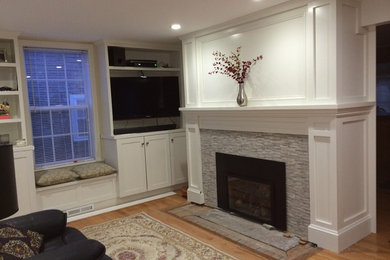 Example of a beach style living room design in Boston