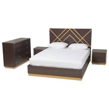Arcelia Two-Tone Dark Brown and Gold Finish Wood Queen Size 4-Piece Bedroom Set